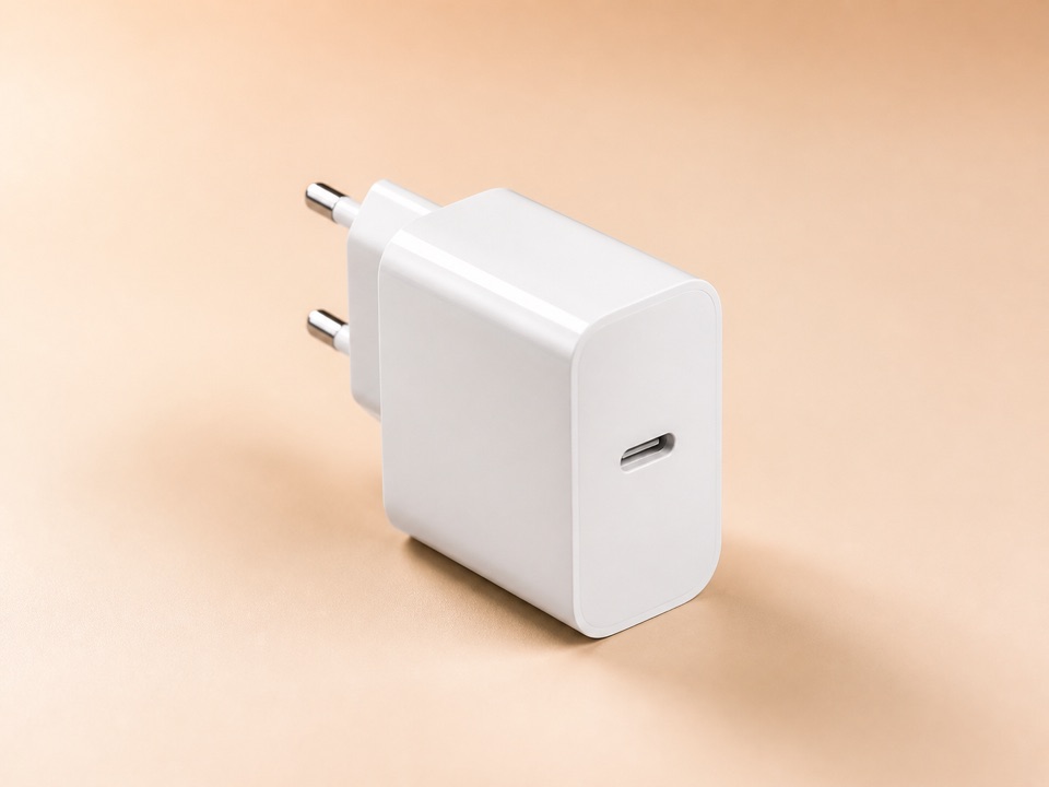 Symbolbild eines kompakten weißen USB-C-Netzteils mit Eurostecker