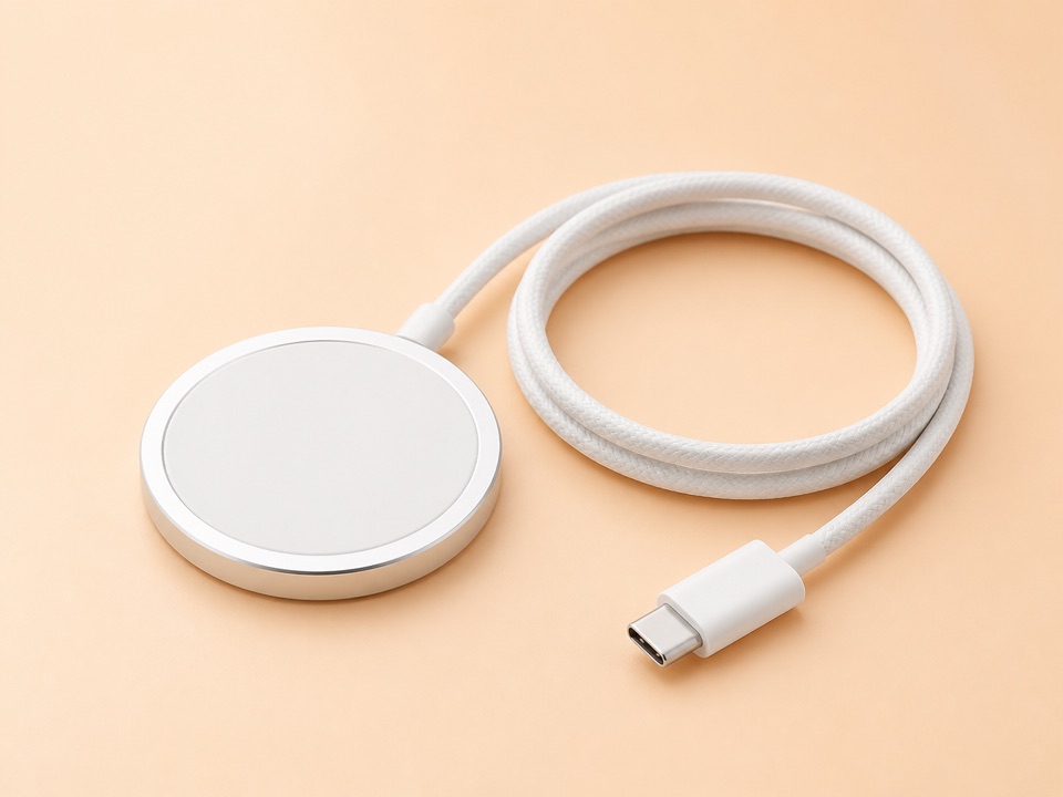 Symbolbild eines runden weißen Magnetladegeräts mit geflochtenem USB-C-Kabel