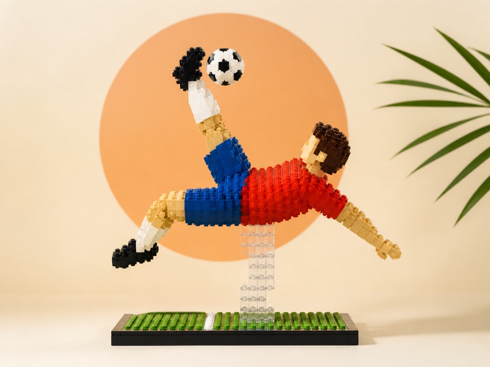Symbolbild einer Fußballspieler-Skulptur aus Klemmbausteinen
