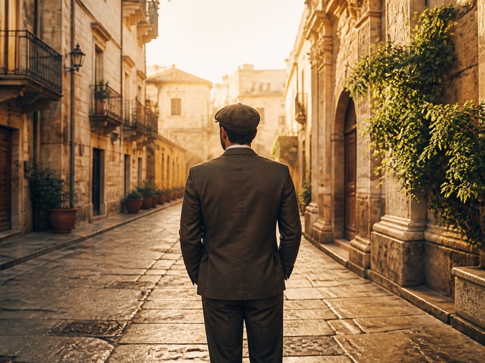 Symbolbild einer historischen süditalienischen Gasse mit einer Figur im Anzug