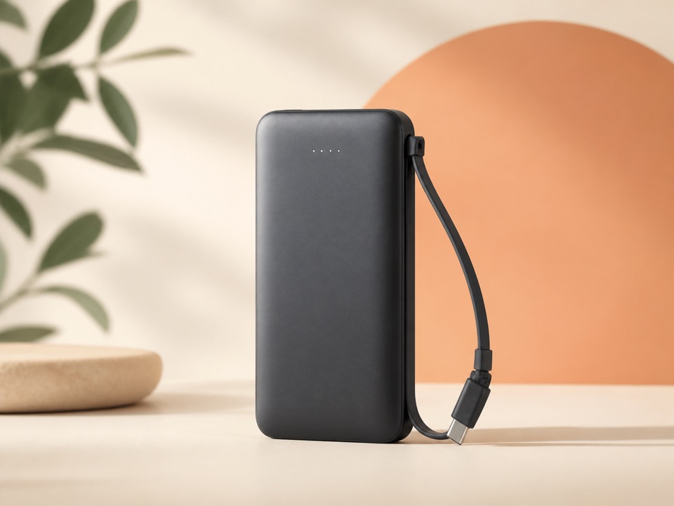 Symbolbild einer schwarzen Powerbank mit integriertem USB-C-Kabel