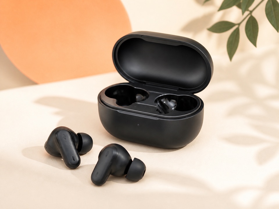 Symbolbild kabelloser schwarzer In-Ear-Kopfhörer mit Ladecase